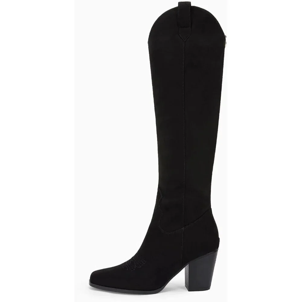 Women Suede Black Cowboy Knee High Chunky Block Heel Square Toe Tall Riding Boot